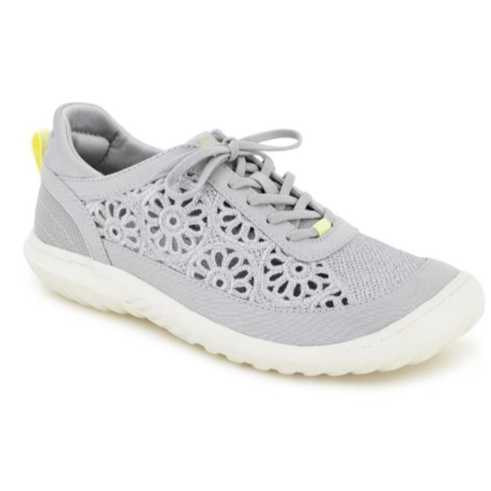 NWT JBU Gray Knit Lace-Up Sneaker with White Sole and Yellow Accent